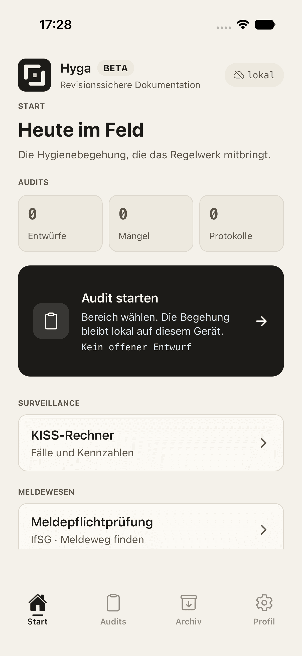 Aktuelle Hyga SI-App: Startansicht mit Audits, KISS-Bereich und Meldepflichtprüfung